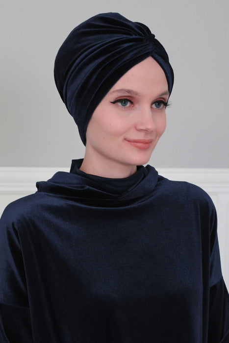 Velvet Maharajah-Style Instant Turban Hijab for Women, Elegant Pre-Tied Velvet Headwrap, Luxurious Lightweight Modest Hijab Headwear,B-4K Navy Blue