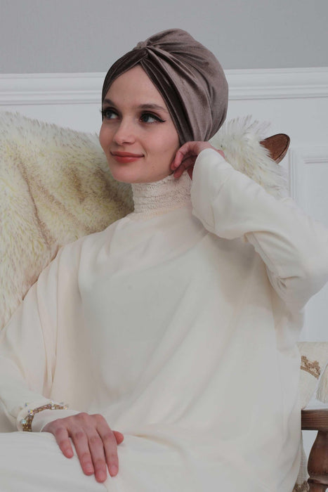 Velvet Maharajah-Style Instant Turban Hijab for Women, Elegant Pre-Tied Velvet Headwrap, Luxurious Lightweight Modest Hijab Headwear,B-4K Mink