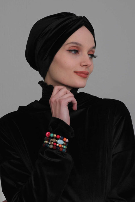 Velvet Maharajah-Style Instant Turban Hijab for Women, Elegant Pre-Tied Velvet Headwrap, Luxurious Lightweight Modest Hijab Headwear,B-4K Black