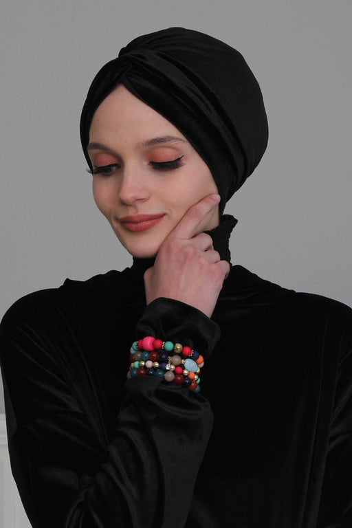 Velvet Maharajah-Style Instant Turban Hijab for Women, Elegant Pre-Tied Velvet Headwrap, Luxurious Lightweight Modest Hijab Headwear,B-4K Black