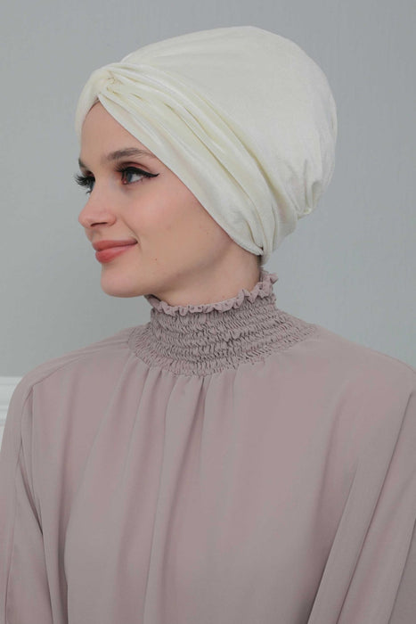 Velvet Maharajah-Style Instant Turban Hijab for Women, Elegant Pre-Tied Velvet Headwrap, Luxurious Lightweight Modest Hijab Headwear,B-4K Ivory