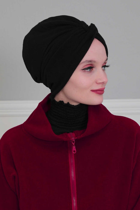 Super Soft Fleece Instant Turban Hijab for Women, Elegant Winter Fashion Hijab Turban, Warm Pre-Tied Headwrap, Comfortable Chemo Bonnet,B-4P Black