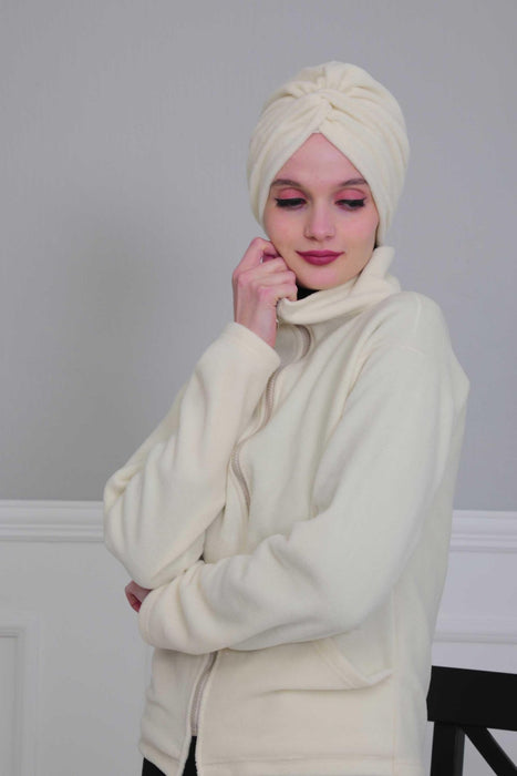 Super Soft Fleece Instant Turban Hijab for Women, Elegant Winter Fashion Hijab Turban, Warm Pre-Tied Headwrap, Comfortable Chemo Bonnet,B-4P Ivory