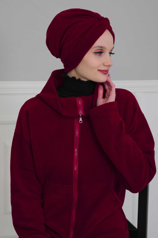 Super Soft Fleece Instant Turban Hijab for Women, Elegant Winter Fashion Hijab Turban, Warm Pre-Tied Headwrap, Comfortable Chemo Bonnet,B-4P Maroon