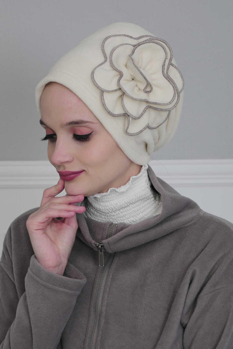 Elegant Rose Embellished Instant Turban for Women, Floral Soft Instant Turban with a Huge Handmade Rose Figure, Winter Instant Turban,B-61 Ivory