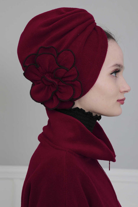 Elegant Rose Embellished Instant Turban for Women, Floral Soft Instant Turban with a Huge Handmade Rose Figure, Winter Instant Turban,B-61 Maroon