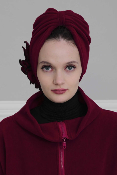 Elegant Rose Embellished Instant Turban for Women, Floral Soft Instant Turban with a Huge Handmade Rose Figure, Winter Instant Turban,B-61 Maroon