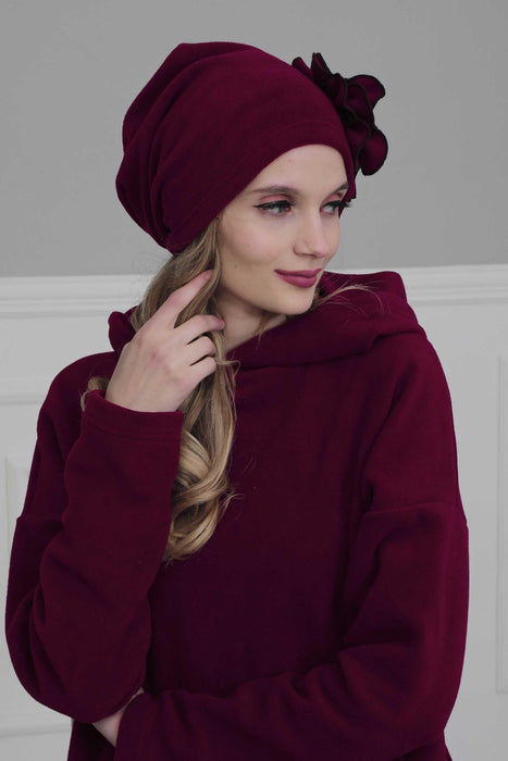 Elegant Rose Embellished Instant Turban for Women, Floral Soft Instant Turban with a Huge Handmade Rose Figure, Winter Instant Turban,B-61 Maroon