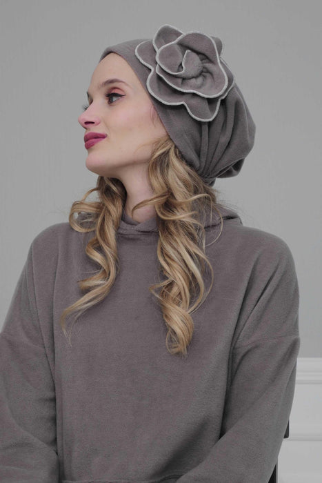 Elegant Rose Embellished Instant Turban for Women, Floral Soft Instant Turban with a Huge Handmade Rose Figure, Winter Instant Turban,B-61 Grey