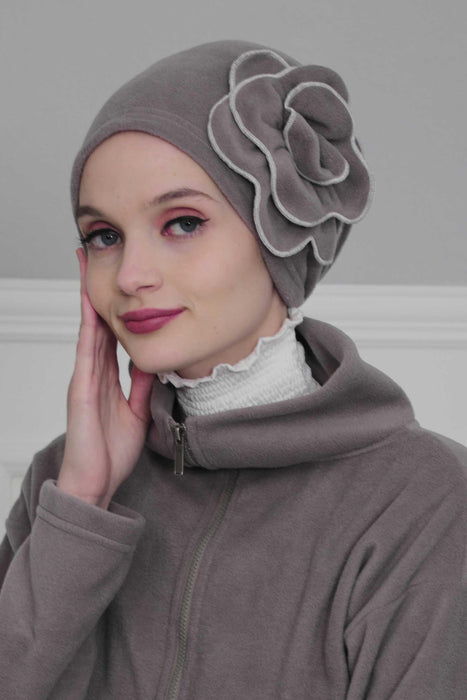 Elegant Rose Embellished Instant Turban for Women, Floral Soft Instant Turban with a Huge Handmade Rose Figure, Winter Instant Turban,B-61 Grey