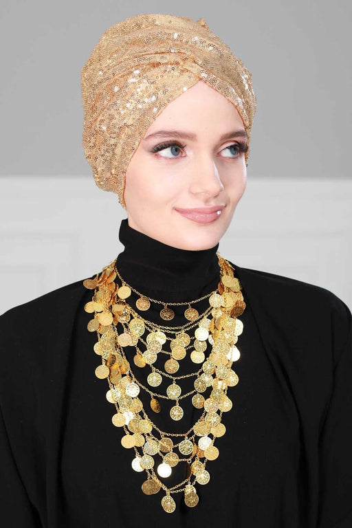 Chic Sequined Instant Turban for Women, Elegant & Easy Head Wrap, Versatile Fashion Hijab Cap, Breathable Hair Loss Chemo Headwear,B-9P Gold