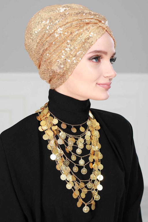 Chic Sequined Instant Turban for Women, Elegant & Easy Head Wrap, Versatile Fashion Hijab Cap, Breathable Hair Loss Chemo Headwear,B-9P Gold