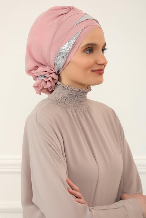 Two Colors Instant Turban Lightweight Chiffon and Sequined Scarf Head Turbans For Women Headwear Stylish Elegant Design,HT-47P Powder - Silver