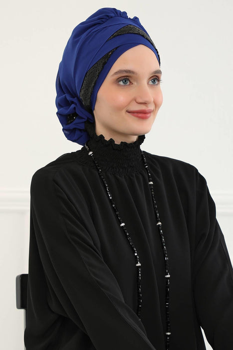 Two Colors Instant Turban Lightweight Chiffon and Sequined Scarf Head Turbans For Women Headwear Stylish Elegant Design,HT-47P Sax Blue - Black