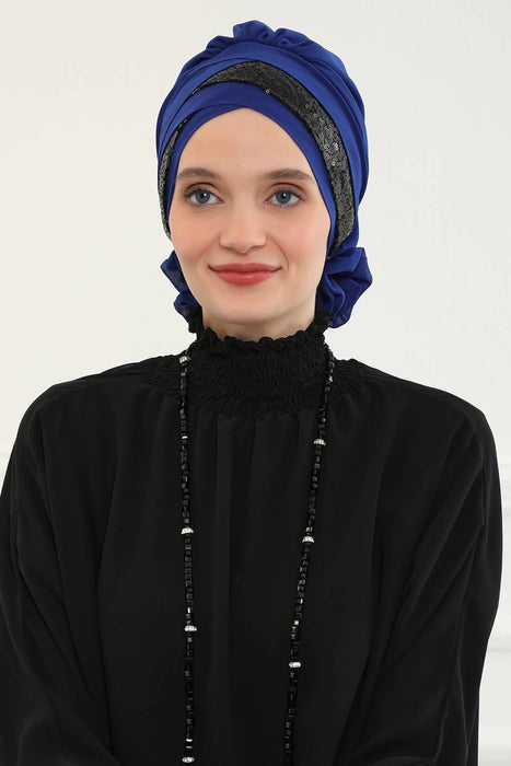 Two Colors Instant Turban Lightweight Chiffon and Sequined Scarf Head Turbans For Women Headwear Stylish Elegant Design,HT-47P Sax Blue - Black