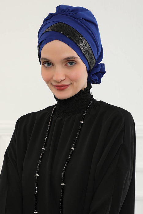 Two Colors Instant Turban Lightweight Chiffon and Sequined Scarf Head Turbans For Women Headwear Stylish Elegant Design,HT-47P Sax Blue - Black