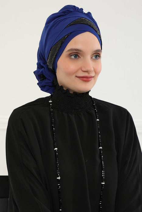 Two Colors Instant Turban Lightweight Chiffon and Sequined Scarf Head Turbans For Women Headwear Stylish Elegant Design,HT-47P Sax Blue - Black