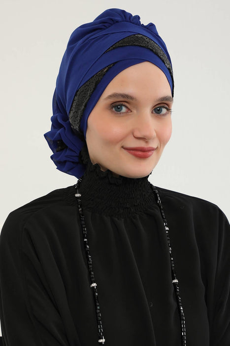 Two Colors Instant Turban Lightweight Chiffon and Sequined Scarf Head Turbans For Women Headwear Stylish Elegant Design,HT-47P Sax Blue - Black