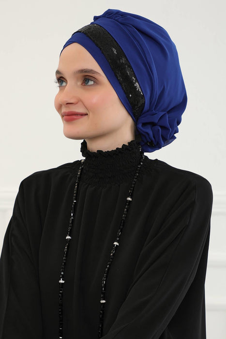 Two Colors Instant Turban Lightweight Chiffon and Sequined Scarf Head Turbans For Women Headwear Stylish Elegant Design,HT-47P Sax Blue - Black