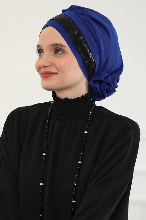 Two Colors Instant Turban Lightweight Chiffon and Sequined Scarf Head Turbans For Women Headwear Stylish Elegant Design,HT-47P Sax Blue - Black