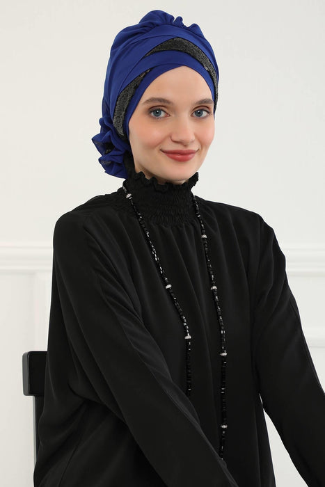 Two Colors Instant Turban Lightweight Chiffon and Sequined Scarf Head Turbans For Women Headwear Stylish Elegant Design,HT-47P Sax Blue - Black