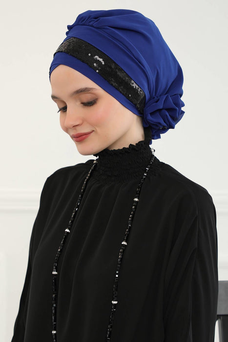 Two Colors Instant Turban Lightweight Chiffon and Sequined Scarf Head Turbans For Women Headwear Stylish Elegant Design,HT-47P Sax Blue - Black