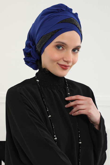 Two Colors Instant Turban Lightweight Chiffon and Sequined Scarf Head Turbans For Women Headwear Stylish Elegant Design,HT-47P Sax Blue - Black