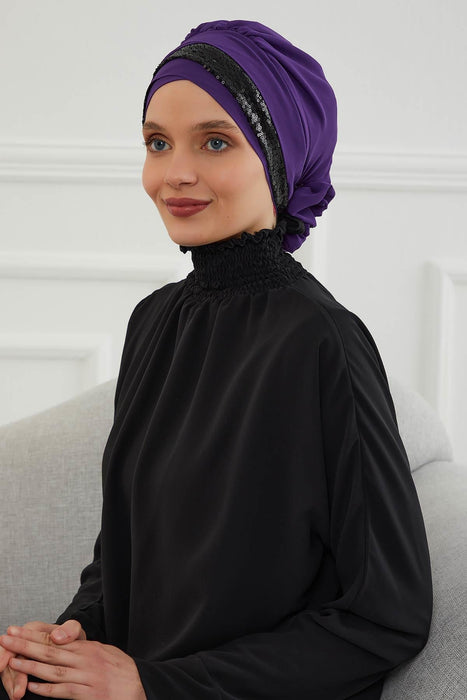 Two Colors Instant Turban Lightweight Chiffon and Sequined Scarf Head Turbans For Women Headwear Stylish Elegant Design,HT-47P Purple - Black