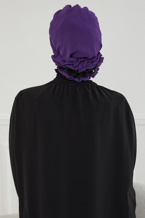 Two Colors Instant Turban Lightweight Chiffon and Sequined Scarf Head Turbans For Women Headwear Stylish Elegant Design,HT-47P Purple - Black