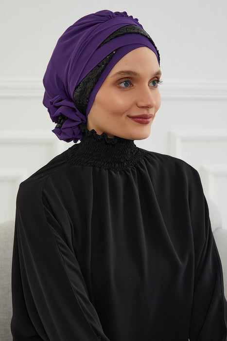 Two Colors Instant Turban Lightweight Chiffon and Sequined Scarf Head Turbans For Women Headwear Stylish Elegant Design,HT-47P Purple - Black