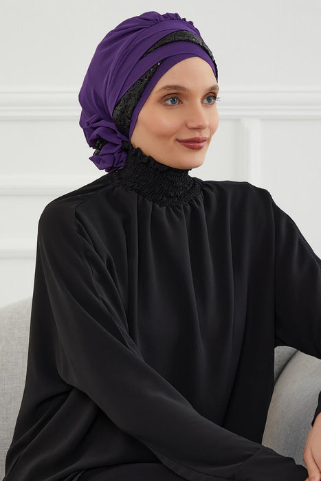 Two Colors Instant Turban Lightweight Chiffon and Sequined Scarf Head Turbans For Women Headwear Stylish Elegant Design,HT-47P Purple - Black