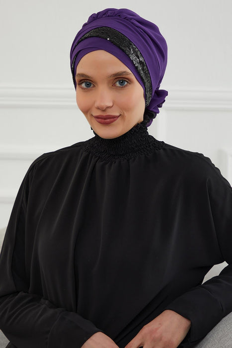 Two Colors Instant Turban Lightweight Chiffon and Sequined Scarf Head Turbans For Women Headwear Stylish Elegant Design,HT-47P Purple - Black