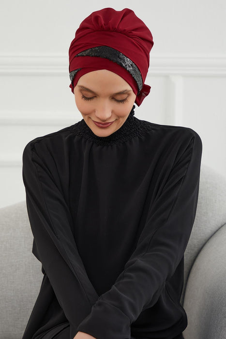 Two Colors Instant Turban Lightweight Chiffon and Sequined Scarf Head Turbans For Women Headwear Stylish Elegant Design,HT-47P Maroon - Black