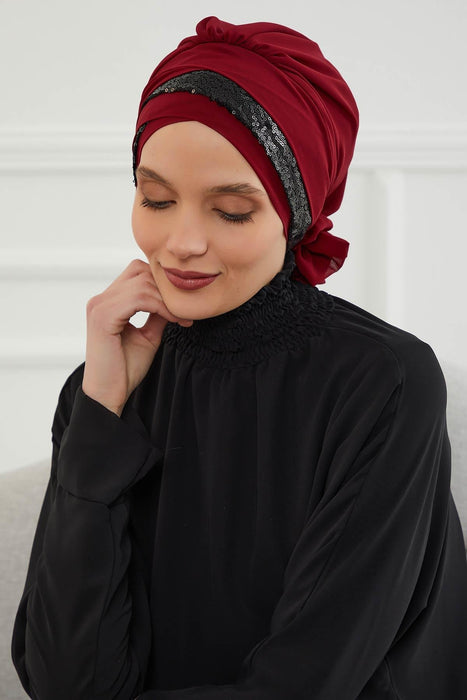 Two Colors Instant Turban Lightweight Chiffon and Sequined Scarf Head Turbans For Women Headwear Stylish Elegant Design,HT-47P Maroon - Black