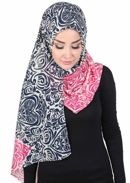 Shawl for Women Chiffon Modesty Instant Turban Cap Hat Head Wrap Ready to Wear Scarf High Quality Chiffon Hijab,PS-11D Navy Blue - Fuchsia