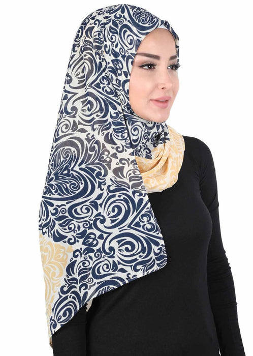 Shawl for Women Chiffon Modesty Instant Turban Cap Hat Head Wrap Ready to Wear Scarf High Quality Chiffon Hijab,PS-11D Navy Blue - Yellow