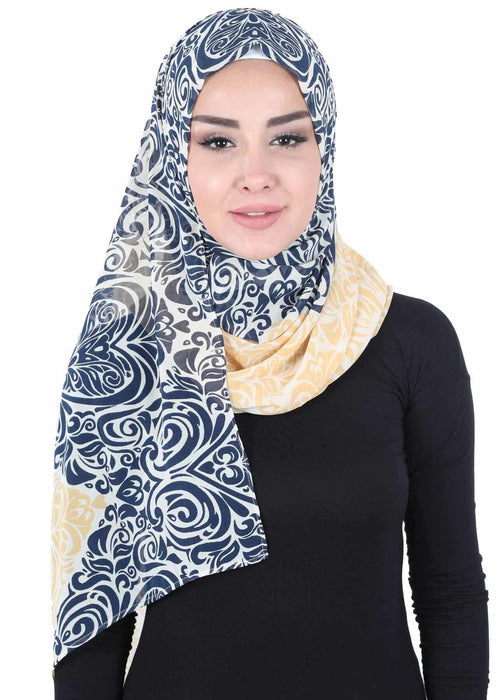 Shawl for Women Chiffon Modesty Instant Turban Cap Hat Head Wrap Ready to Wear Scarf High Quality Chiffon Hijab,PS-11D Navy Blue - Yellow