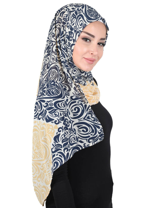 Shawl for Women Chiffon Modesty Instant Turban Cap Hat Head Wrap Ready to Wear Scarf High Quality Chiffon Hijab,PS-11D Navy Blue - Yellow