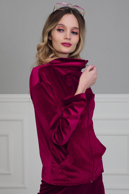 Luxurious Velvet Sweatshirt for Women High Quality Casual Loungewear Long Sleeve Soft Casual Velour Zip Jacket for Everyday Wear,SW-2 Maroon