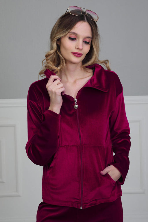 Luxurious Velvet Sweatshirt for Women High Quality Casual Loungewear Long Sleeve Soft Casual Velour Zip Jacket for Everyday Wear,SW-2 Maroon