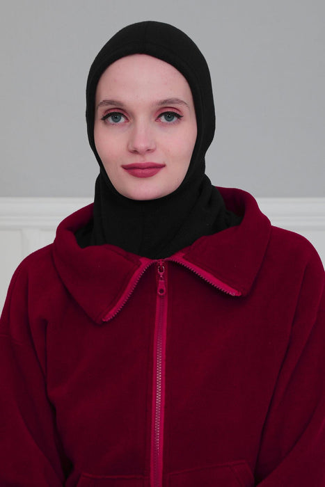 Premium Soft Fleece Instant Turban Bonnet for Women, Head and Neck Full Coverage Hijab Head Wear, Soft & Comfortable Modest Head Wrap,TB-1P Black