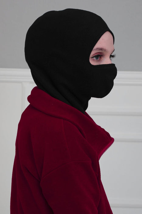 Instant Turban Fleece Lightweight Inner Bonnet Ninja Cap, Slip on Hijab, Balaclava Wind-Resistant Face Mask,TB-2P Black