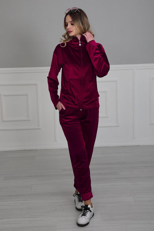 Chic Hooded Tracksuit with Pockets, Velvet Women Tracksuit Pyjamas, One-size-fits-all Casual Velour Sweatsuit for Women,TK-2 Maroon