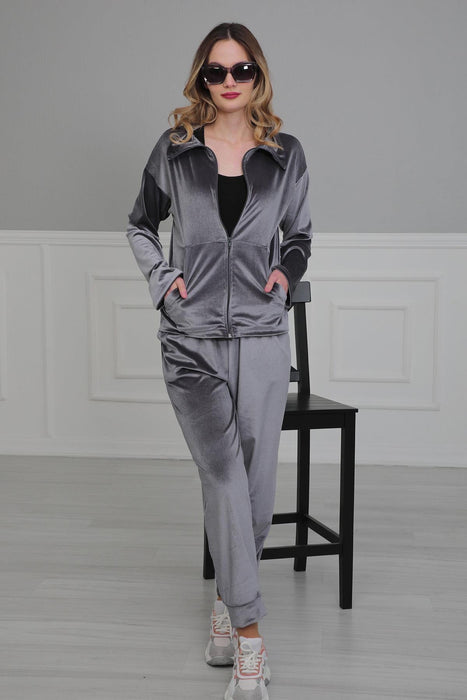 Chic Hooded Tracksuit with Pockets, Velvet Women Tracksuit Pyjamas, One-size-fits-all Casual Velour Sweatsuit for Women,TK-2 Grey