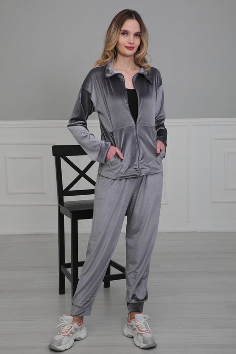 Chic Hooded Tracksuit with Pockets, Velvet Women Tracksuit Pyjamas, One-size-fits-all Casual Velour Sweatsuit for Women,TK-2 Grey