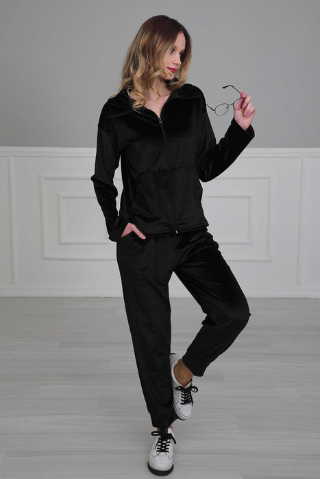 Chic Hooded Tracksuit with Pockets, Velvet Women Tracksuit Pyjamas, One-size-fits-all Casual Velour Sweatsuit for Women,TK-2 Black