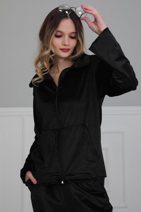 Chic Hooded Tracksuit with Pockets, Velvet Women Tracksuit Pyjamas, One-size-fits-all Casual Velour Sweatsuit for Women,TK-2 Black