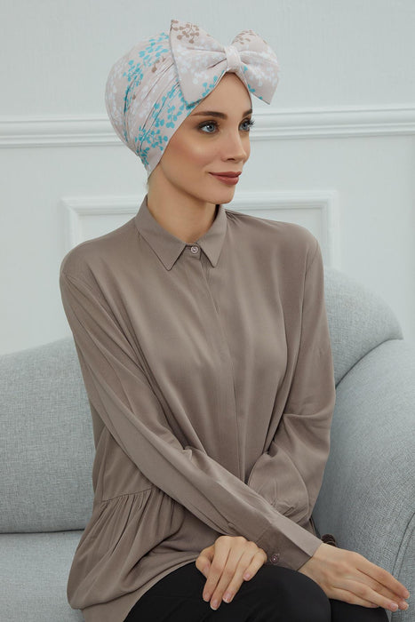 Combed Cotton Patterned Turban Bonnet with a Big Bow, Elegant and Comfortable Pre-Tied Instant Turban Hair Cover for Women,B-11YD Spring Awakening