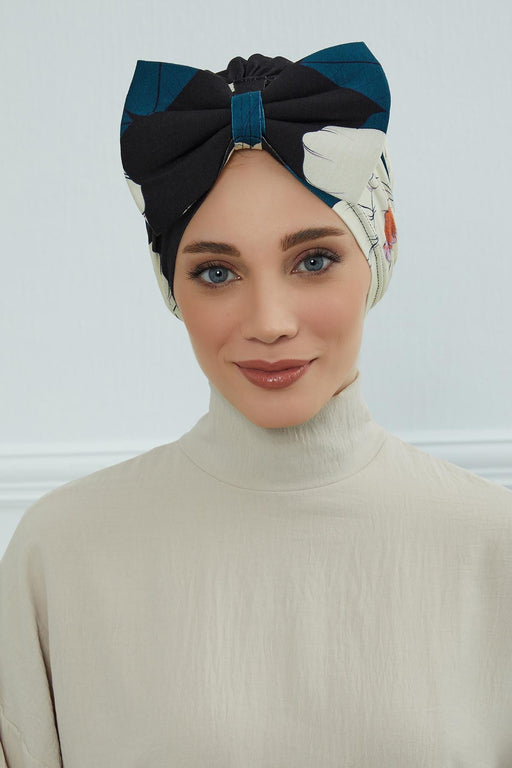 Combed Cotton Patterned Turban Bonnet with a Big Bow, Elegant and Comfortable Pre-Tied Instant Turban Hair Cover for Women,B-11YD Midnight Blossoms