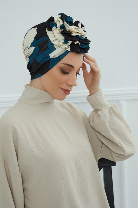 Fashionable High Quality Instant Turban Scarf Head Wrap made from Combed Cotton, Chemo Headwear with Beautiful Rose Patterns,B-21YD Midnight Blossoms